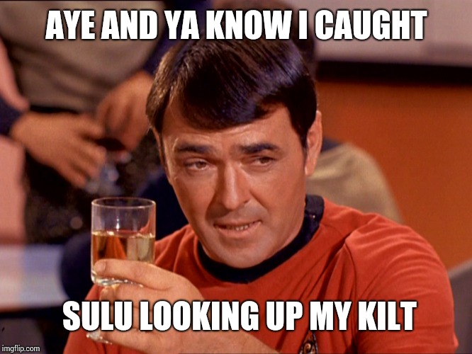 Star Trek Scotty | AYE AND YA KNOW I CAUGHT; SULU LOOKING UP MY KILT | image tagged in star trek scotty | made w/ Imgflip meme maker