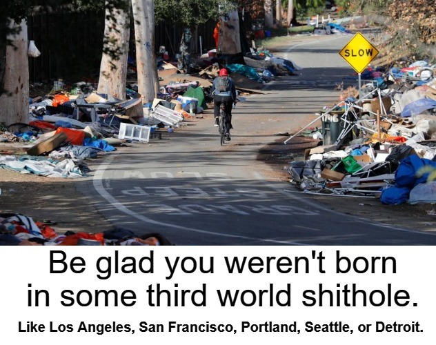 Be glad you weren't born in some third world shithole. | Like Los Angeles, San Francisco, Portland, Seattle, or Detroit. | image tagged in homeless camps,homeless,shithole,third world,socialism,cultural marxism | made w/ Imgflip meme maker