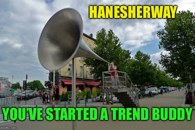 megaphone | HANESHERWAY YOU’VE STARTED A TREND BUDDY | image tagged in megaphone | made w/ Imgflip meme maker