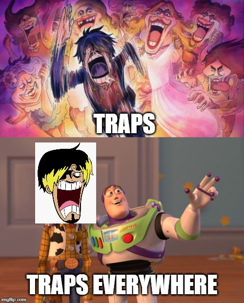 TRAPS; TRAPS EVERYWHERE | image tagged in memes,x x everywhere,anime,one piece,it's a trap,trap | made w/ Imgflip meme maker