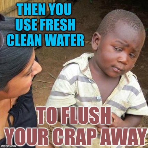 Third World Skeptical Kid Meme | THEN YOU USE FRESH CLEAN WATER TO FLUSH YOUR CRAP AWAY | image tagged in memes,third world skeptical kid | made w/ Imgflip meme maker
