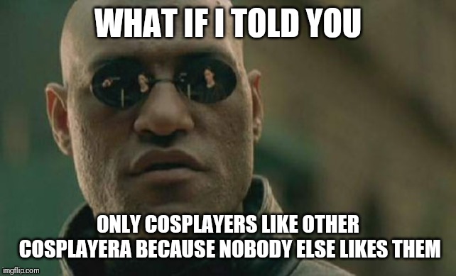To all cosplayers | WHAT IF I TOLD YOU; ONLY COSPLAYERS LIKE OTHER COSPLAYERA BECAUSE NOBODY ELSE LIKES THEM | image tagged in memes,matrix morpheus,cosplay | made w/ Imgflip meme maker