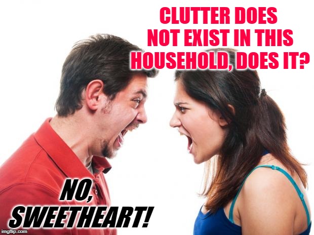 Clutter Kai | CLUTTER DOES NOT EXIST IN THIS HOUSEHOLD, DOES IT? NO, SWEETHEART! | image tagged in angry fighting married couple husband  wife,karate kid,cobra kai,funny memes,cleaning,marriage | made w/ Imgflip meme maker