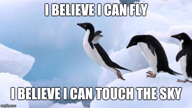 flying penguin | I BELIEVE I CAN FLY; I BELIEVE I CAN TOUCH THE SKY | image tagged in flying penguin | made w/ Imgflip meme maker