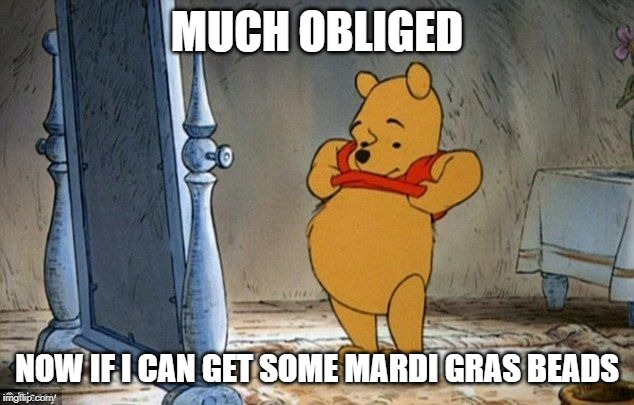 Winnie the Pooh | MUCH OBLIGED NOW IF I CAN GET SOME MARDI GRAS BEADS | image tagged in winnie the pooh | made w/ Imgflip meme maker