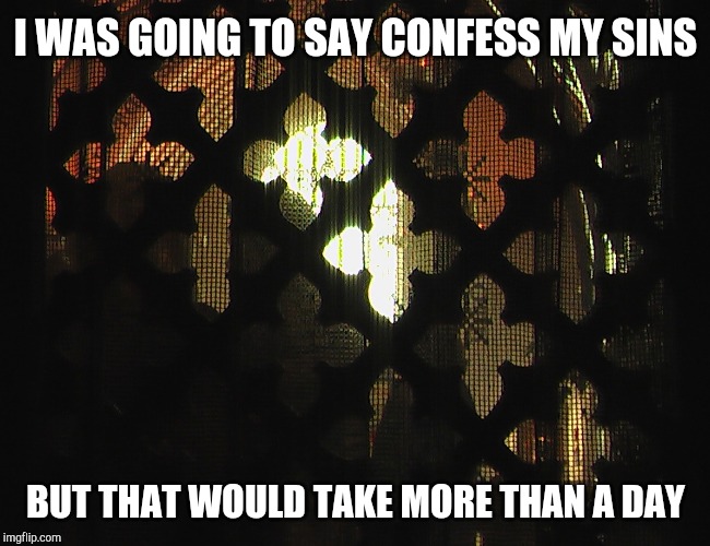 Confessional | I WAS GOING TO SAY CONFESS MY SINS BUT THAT WOULD TAKE MORE THAN A DAY | image tagged in confessional | made w/ Imgflip meme maker