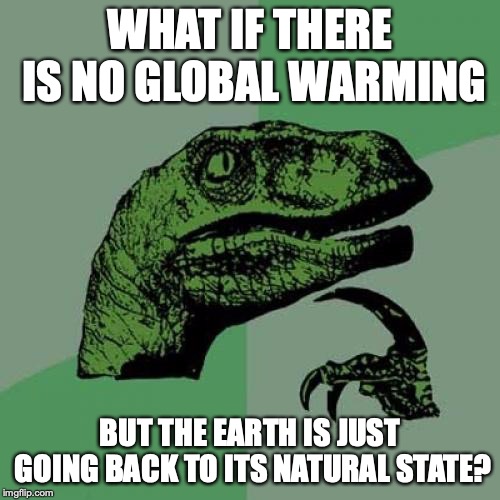 Philosoraptor | WHAT IF THERE IS NO GLOBAL WARMING; BUT THE EARTH IS JUST GOING BACK TO ITS NATURAL STATE? | image tagged in memes,philosoraptor | made w/ Imgflip meme maker