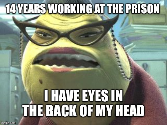 Roz Always Watching | 14 YEARS WORKING AT THE PRISON; I HAVE EYES IN THE BACK OF MY HEAD | image tagged in roz always watching | made w/ Imgflip meme maker