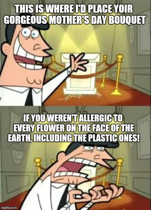 My poor mom, lol | THIS IS WHERE I'D PLACE YOIR GORGEOUS MOTHER'S DAY BOUQUET; IF YOU WEREN'T ALLERGIC TO EVERY FLOWER ON THE FACE OF THE EARTH, INCLUDING THE PLASTIC ONES! | image tagged in memes,this is where i'd put my trophy if i had one,mothers day | made w/ Imgflip meme maker