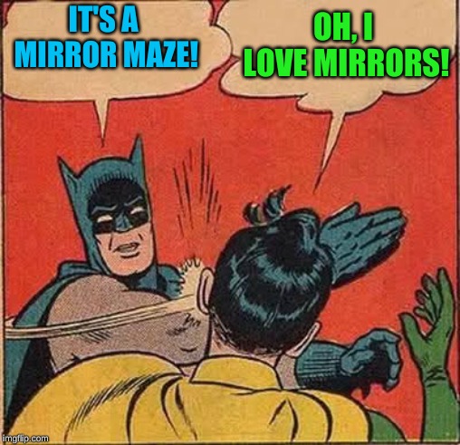 Batman Slapping Robin Reverse | IT'S A MIRROR MAZE! OH, I LOVE MIRRORS! | image tagged in batman slapping robin reverse | made w/ Imgflip meme maker