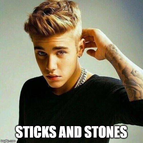 Justin Bieber | STICKS AND STONES | image tagged in justin bieber | made w/ Imgflip meme maker