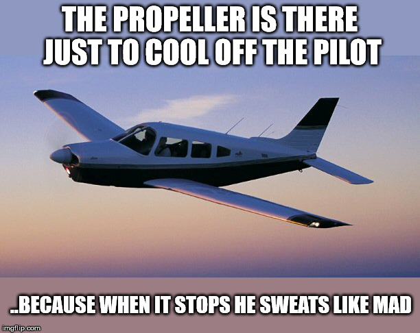 many don't know this | THE PROPELLER IS THERE JUST TO COOL OFF THE PILOT; ..BECAUSE WHEN IT STOPS HE SWEATS LIKE MAD | image tagged in small plane,pilot,cool | made w/ Imgflip meme maker