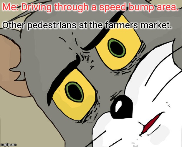 Unsettled Tom | Me: Driving through a speed bump area. Other pedestrians at the farmers market. | image tagged in memes,unsettled tom | made w/ Imgflip meme maker