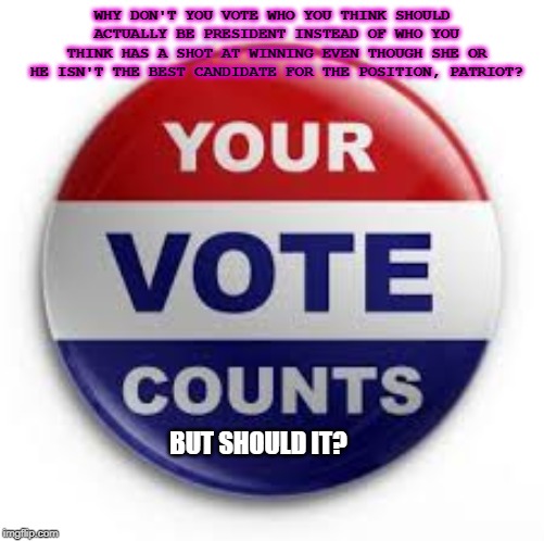 Vote | WHY DON'T YOU VOTE WHO YOU THINK SHOULD ACTUALLY BE PRESIDENT INSTEAD OF WHO YOU THINK HAS A SHOT AT WINNING EVEN THOUGH SHE OR HE ISN'T THE BEST CANDIDATE FOR THE POSITION, PATRIOT? BUT SHOULD IT? | image tagged in vote | made w/ Imgflip meme maker