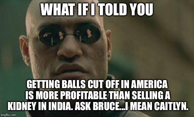 Balls are worth more than kidneys, right Bruce? | WHAT IF I TOLD YOU; GETTING BALLS CUT OFF IN AMERICA IS MORE PROFITABLE THAN SELLING A KIDNEY IN INDIA. ASK BRUCE...I MEAN CAITLYN. | image tagged in memes,matrix morpheus,bruce jenner,caitlyn jenner,transgender,balls | made w/ Imgflip meme maker