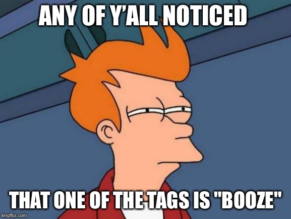 ANY OF Y’ALL NOTICED THAT ONE OF THE TAGS IS "BOOZE" | image tagged in memes,futurama fry | made w/ Imgflip meme maker