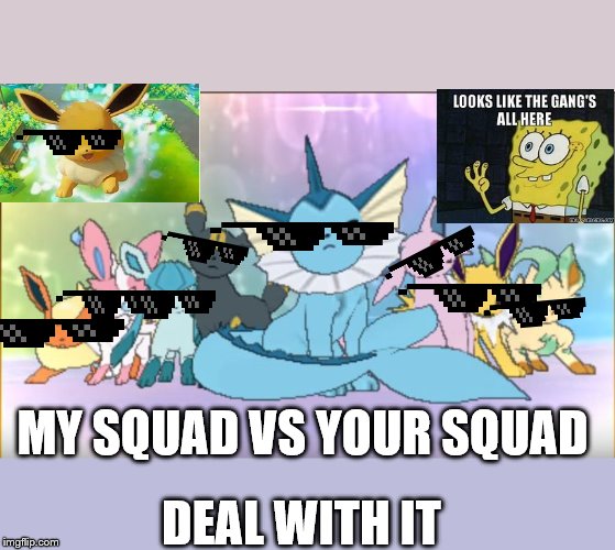 Pokemon sun moon eevee squad | MY SQUAD VS YOUR SQUAD; DEAL WITH IT | image tagged in pokemon sun moon eevee squad | made w/ Imgflip meme maker