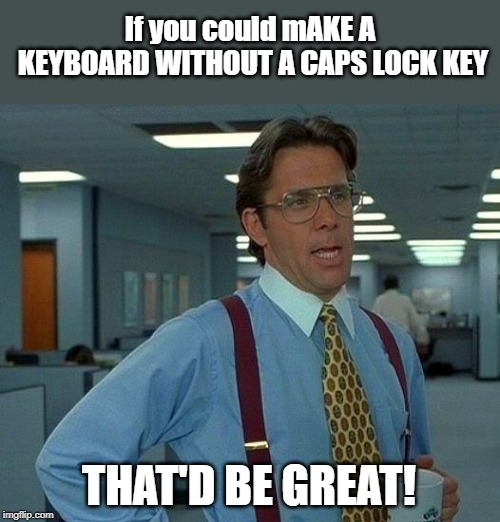 THE CAPS LOCK KEY SUCKS |  If you could mAKE A KEYBOARD WITHOUT A CAPS LOCK KEY; THAT'D BE GREAT! | image tagged in memes,that would be great,caps lock,typing | made w/ Imgflip meme maker