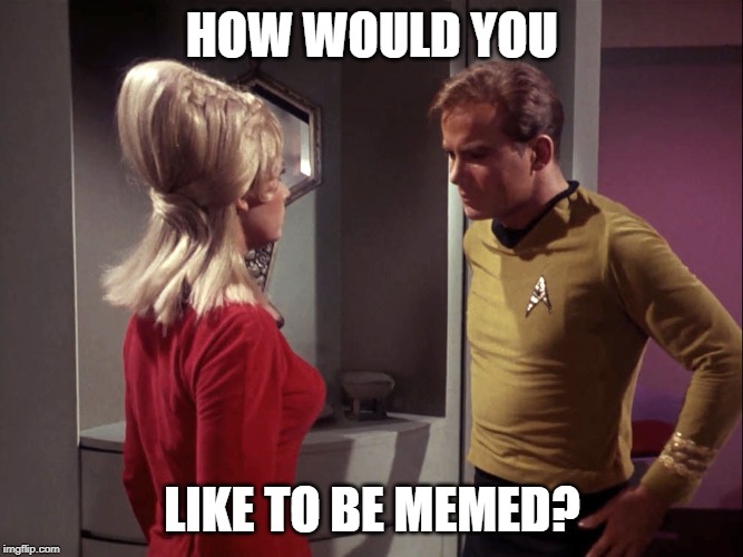 Captain Kirk Ensign Yeo | HOW WOULD YOU; LIKE TO BE MEMED? | image tagged in captain kirk ensign yeo | made w/ Imgflip meme maker