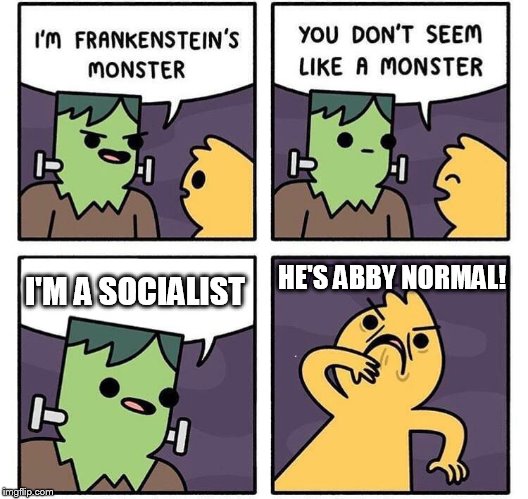 Igor dropped the good brain | HE'S ABBY NORMAL! I'M A SOCIALIST | image tagged in frankenstein's monster | made w/ Imgflip meme maker