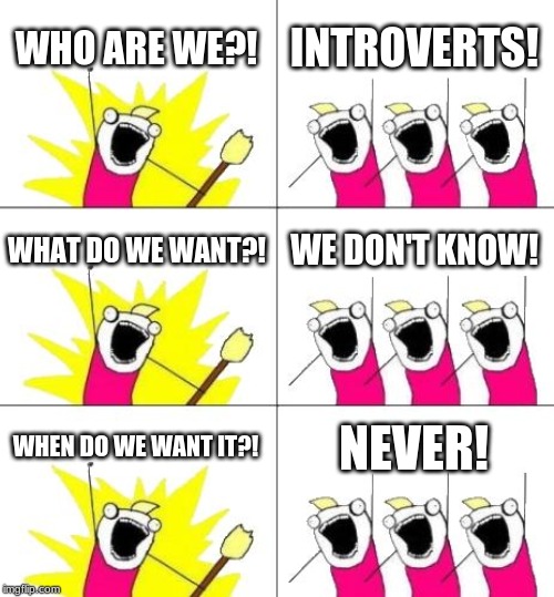 What Do We Want 3 Meme | WHO ARE WE?! INTROVERTS! WHAT DO WE WANT?! WE DON'T KNOW! WHEN DO WE WANT IT?! NEVER! | image tagged in memes,what do we want 3 | made w/ Imgflip meme maker