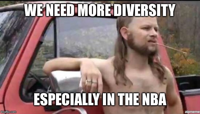 almost politically correct redneck | WE NEED MORE DIVERSITY; ESPECIALLY IN THE
NBA | image tagged in almost politically correct redneck | made w/ Imgflip meme maker