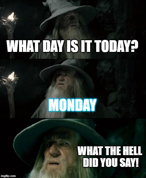 Confused Gandalf Meme | WHAT DAY IS IT TODAY? MONDAY; WHAT THE HELL DID YOU SAY! | image tagged in memes,confused gandalf | made w/ Imgflip meme maker