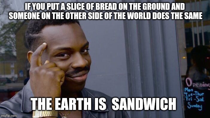 Roll Safe Think About It Meme | IF YOU PUT A SLICE OF BREAD ON THE GROUND AND SOMEONE ON THE OTHER SIDE OF THE WORLD DOES THE SAME; THE EARTH IS  SANDWICH | image tagged in memes,roll safe think about it | made w/ Imgflip meme maker