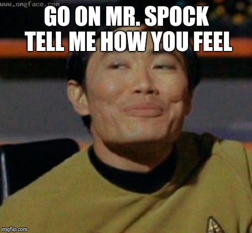 sulu | GO ON MR. SPOCK TELL ME HOW YOU FEEL | image tagged in sulu | made w/ Imgflip meme maker