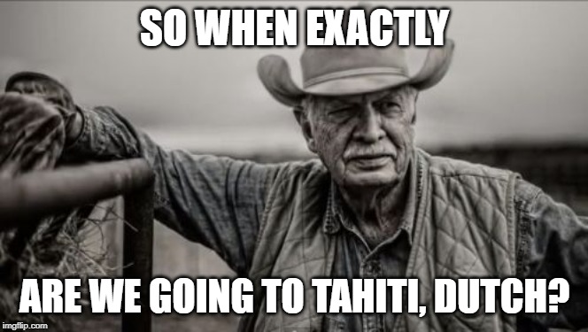 So God Made A Farmer Meme | SO WHEN EXACTLY; ARE WE GOING TO TAHITI, DUTCH? | image tagged in memes,so god made a farmer | made w/ Imgflip meme maker
