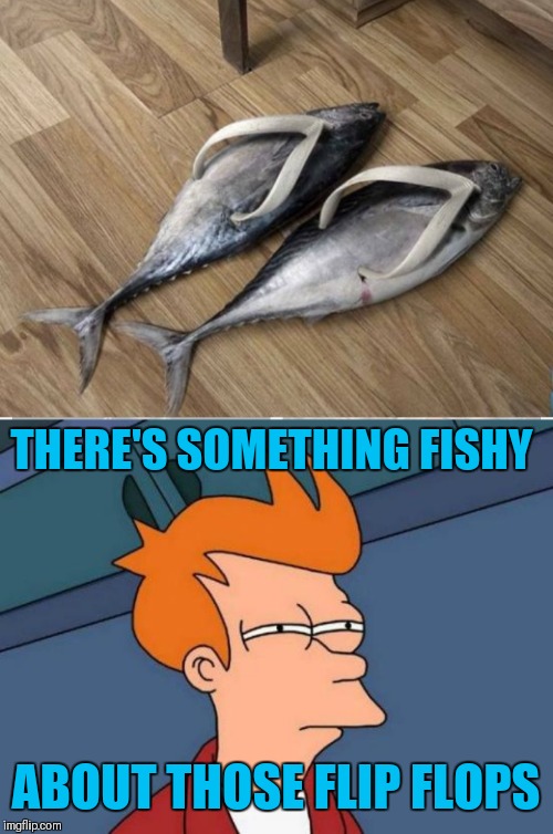 Fish Flops | THERE'S SOMETHING FISHY; ABOUT THOSE FLIP FLOPS | image tagged in memes,futurama fry,flip flops,funny,44colt,fishing | made w/ Imgflip meme maker