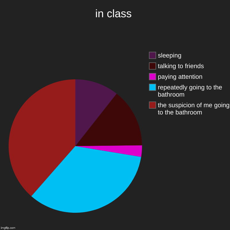 in class | the suspicion of me going to the bathroom, repeatedly going to the bathroom , paying attention , talking to friends, sleeping | image tagged in charts,pie charts | made w/ Imgflip chart maker