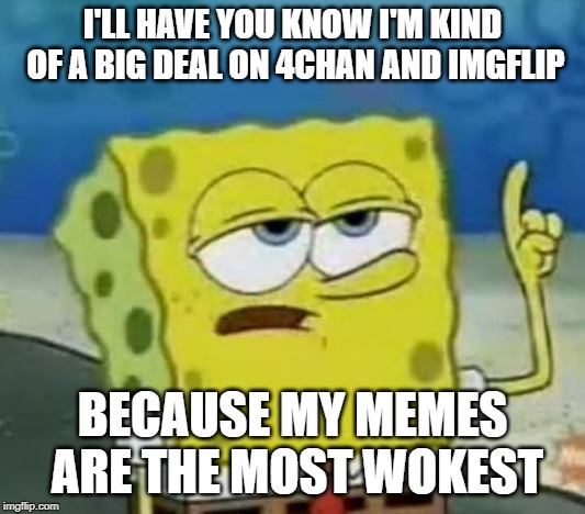 I'll Have You Know Spongebob Meme | I'LL HAVE YOU KNOW I'M KIND OF A BIG DEAL ON 4CHAN AND IMGFLIP; BECAUSE MY MEMES ARE THE MOST WOKEST | image tagged in memes,ill have you know spongebob | made w/ Imgflip meme maker