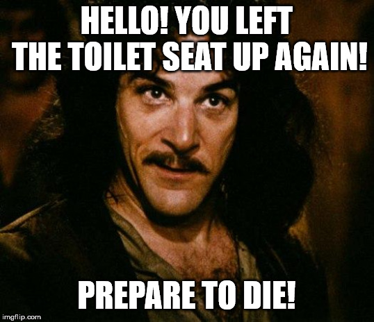 Inigo Montoya Meme | HELLO! YOU LEFT THE TOILET SEAT UP AGAIN! PREPARE TO DIE! | image tagged in memes,inigo montoya | made w/ Imgflip meme maker