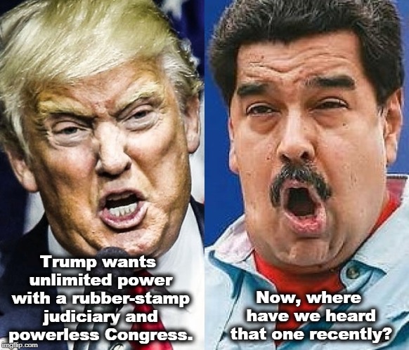 Pot Meet Kettle | Trump wants unlimited power with a rubber-stamp judiciary and powerless Congress. Now, where have we heard that one recently? | image tagged in trump,maduro,venezuela,dictator | made w/ Imgflip meme maker