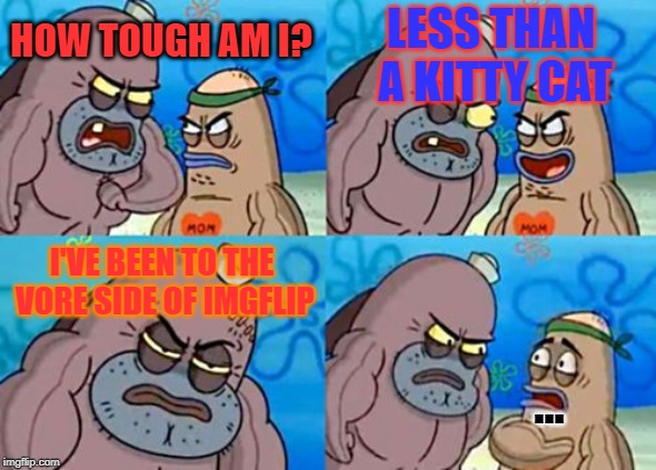 How Tough Are You | LESS THAN A KITTY CAT; HOW TOUGH AM I? I'VE BEEN TO THE VORE SIDE OF IMGFLIP; ... | image tagged in memes,how tough are you,vore,tough,scared,why | made w/ Imgflip meme maker