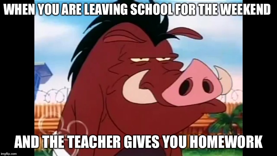 Homework sucks! | WHEN YOU ARE LEAVING SCHOOL FOR THE WEEKEND; AND THE TEACHER GIVES YOU HOMEWORK | image tagged in school,disney | made w/ Imgflip meme maker
