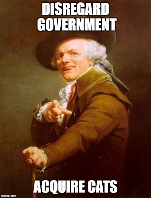 Joseph Ducreux | DISREGARD GOVERNMENT; ACQUIRE CATS | image tagged in memes,joseph ducreux | made w/ Imgflip meme maker