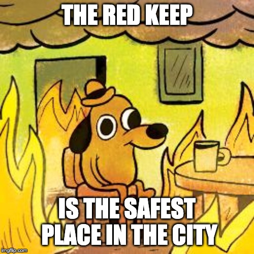 Dog in burning house | THE RED KEEP; IS THE SAFEST PLACE IN THE CITY | image tagged in dog in burning house | made w/ Imgflip meme maker