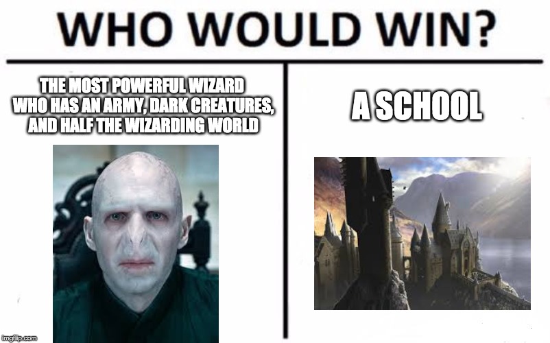 Who Would Win? Meme | THE MOST POWERFUL WIZARD WHO HAS AN ARMY, DARK CREATURES, AND HALF THE WIZARDING WORLD; A SCHOOL | image tagged in memes,who would win | made w/ Imgflip meme maker