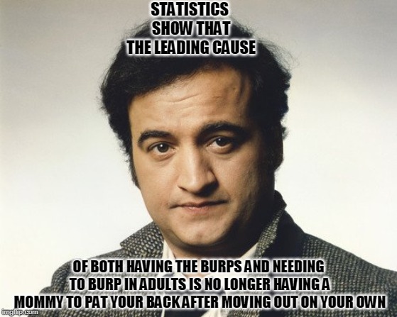The Belushi Reboot Tribute MEME style | STATISTICS SHOW THAT THE LEADING CAUSE; OF BOTH HAVING THE BURPS AND NEEDING TO BURP IN ADULTS IS NO LONGER HAVING A MOMMY TO PAT YOUR BACK AFTER MOVING OUT ON YOUR OWN | image tagged in comedy central | made w/ Imgflip meme maker