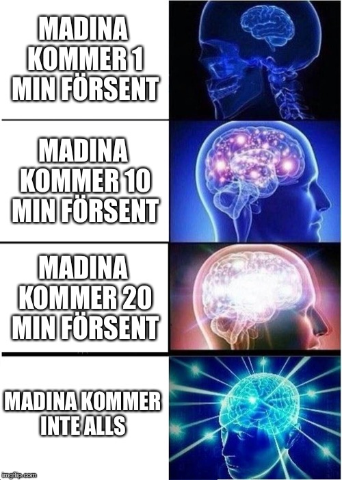 Expanding Brain Meme | MADINA KOMMER 1 MIN FÖRSENT; MADINA KOMMER 10 MIN FÖRSENT; MADINA KOMMER 20 MIN FÖRSENT; MADINA KOMMER INTE ALLS | image tagged in memes,expanding brain | made w/ Imgflip meme maker
