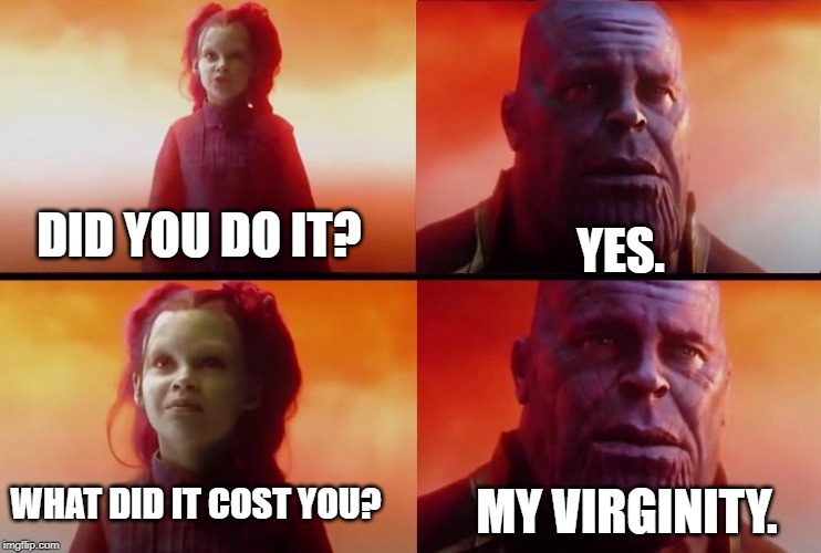 What did it cost? | DID YOU DO IT? YES. WHAT DID IT COST YOU? MY VIRGINITY. | image tagged in what did it cost | made w/ Imgflip meme maker