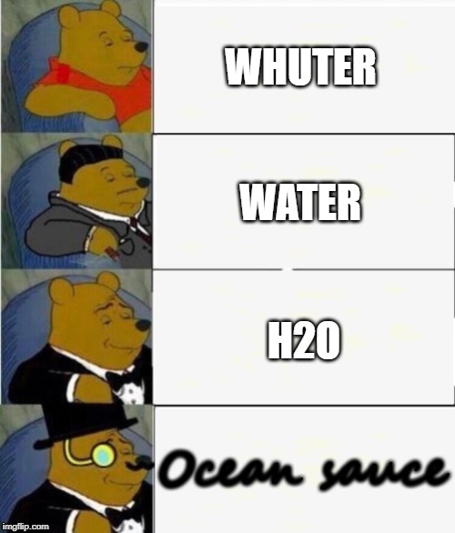 Tuxedo Winnie the Pooh 4 panel | WHUTER; WATER; H2O; Ocean sauce | image tagged in tuxedo winnie the pooh 4 panel | made w/ Imgflip meme maker