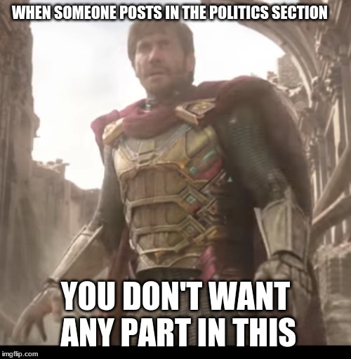 You want no part in this | WHEN SOMEONE POSTS IN THE POLITICS SECTION; YOU DON'T WANT ANY PART IN THIS | image tagged in you want no part in this,spiderman | made w/ Imgflip meme maker