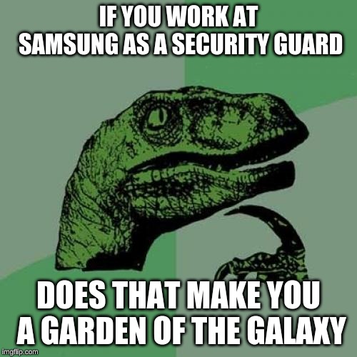 Philosoraptor Meme | IF YOU WORK AT SAMSUNG AS A SECURITY GUARD; DOES THAT MAKE YOU A GARDEN OF THE GALAXY | image tagged in memes,philosoraptor | made w/ Imgflip meme maker