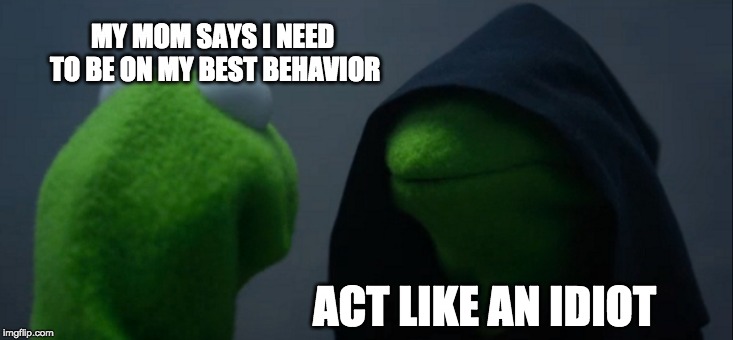 Evil Kermit Meme | MY MOM SAYS I NEED TO BE ON MY BEST BEHAVIOR; ACT LIKE AN IDIOT | image tagged in memes,evil kermit | made w/ Imgflip meme maker