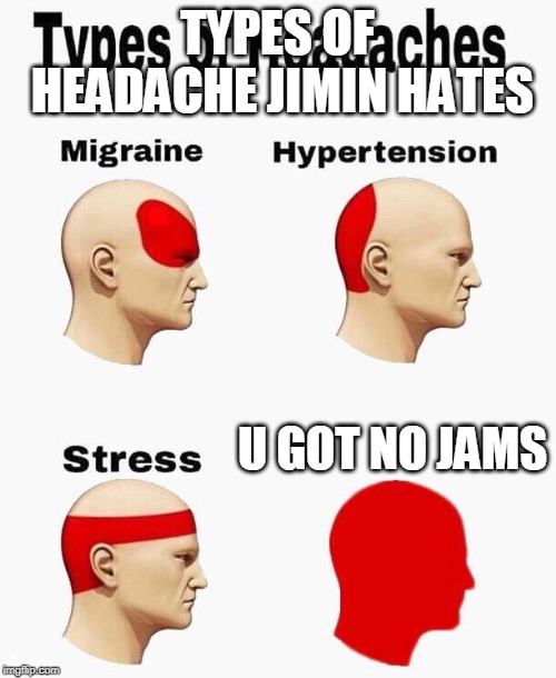 Headaches | TYPES OF HEADACHE JIMIN HATES; U GOT NO JAMS | image tagged in headaches | made w/ Imgflip meme maker