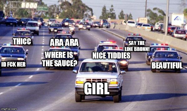 Bronco chase | THICC; ARA ARA; SAY THE LINE BRONN! NICE TIDDIES; WHERE IS THE SAUCE? ID FCK HER; BEAUTIFUL; GIRL | image tagged in bronco chase | made w/ Imgflip meme maker