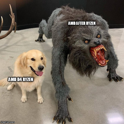 Dog and Beast | AMD AFTER RYZEN; AMD B4 RYZEN | image tagged in dog and beast | made w/ Imgflip meme maker